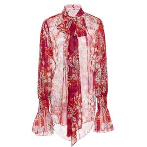 PRABAL GURUNG Ruched Cuff Tie Neck Floral Blouse